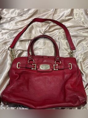 Michael Kors Hamilton Red Pebbled Leather Tote Satchel with Gold Plate